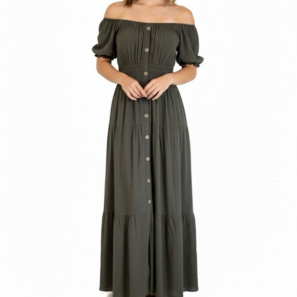 Leana Mode Olive Smocked Button-Down Maxi Dress - Size O/S Boho Chic - Picture 3 of 9